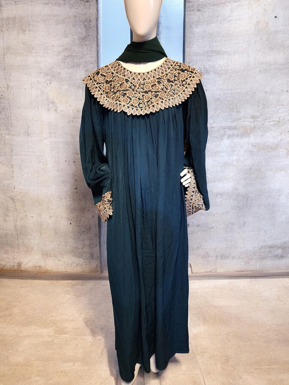 Long Sleeve Dark Green Maxi Dress with Lace Yoke